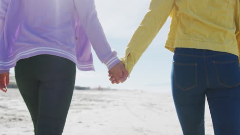 midsection of diverse female gay couple holding hands walking along beach