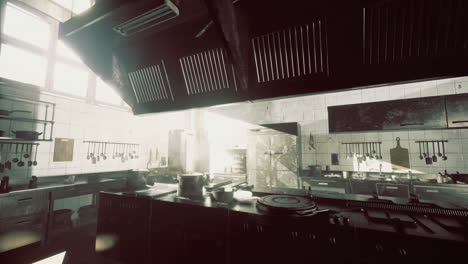 modern kitchen interior with sunlight streaming through large windows