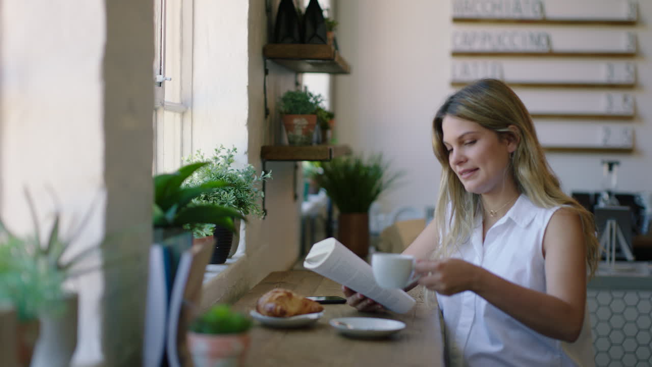 hermosa mujer leyendo un libro en una cafetería bebiendo café disfrutando de un relajado desayuno matutino en un restaurante de moda sonriendo feliz