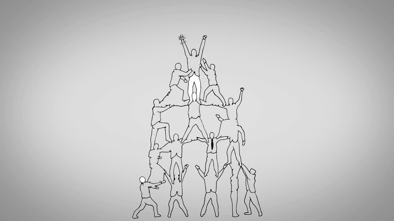 Stick figures forming multiple levels in human pyramid animation