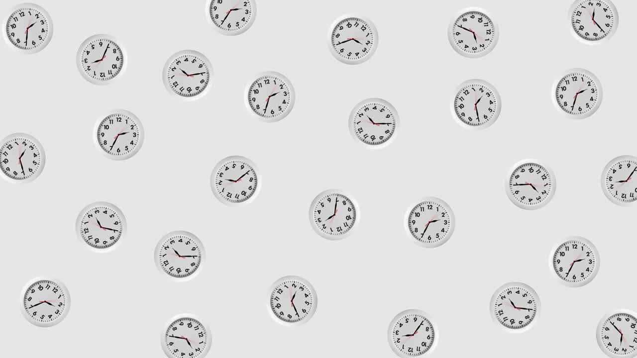 animazione a loop senza interruzioni con molti orologi da parete bianchi che si muovono. le frecce girano in senso orario. sfondo grigio con spazio di copia