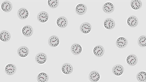 animación de bucle sin fisuras con muchos relojes de pared blancos que se mueven. las flechas giran en el sentido de las agujas del reloj. fondo gris con espacio de copia