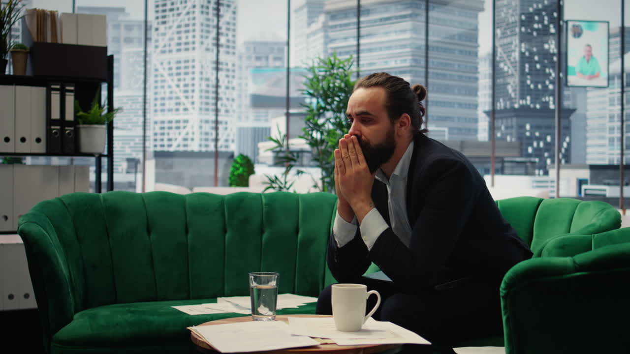 Vertical Video Worried hopeless businessman working under pressure in despair
