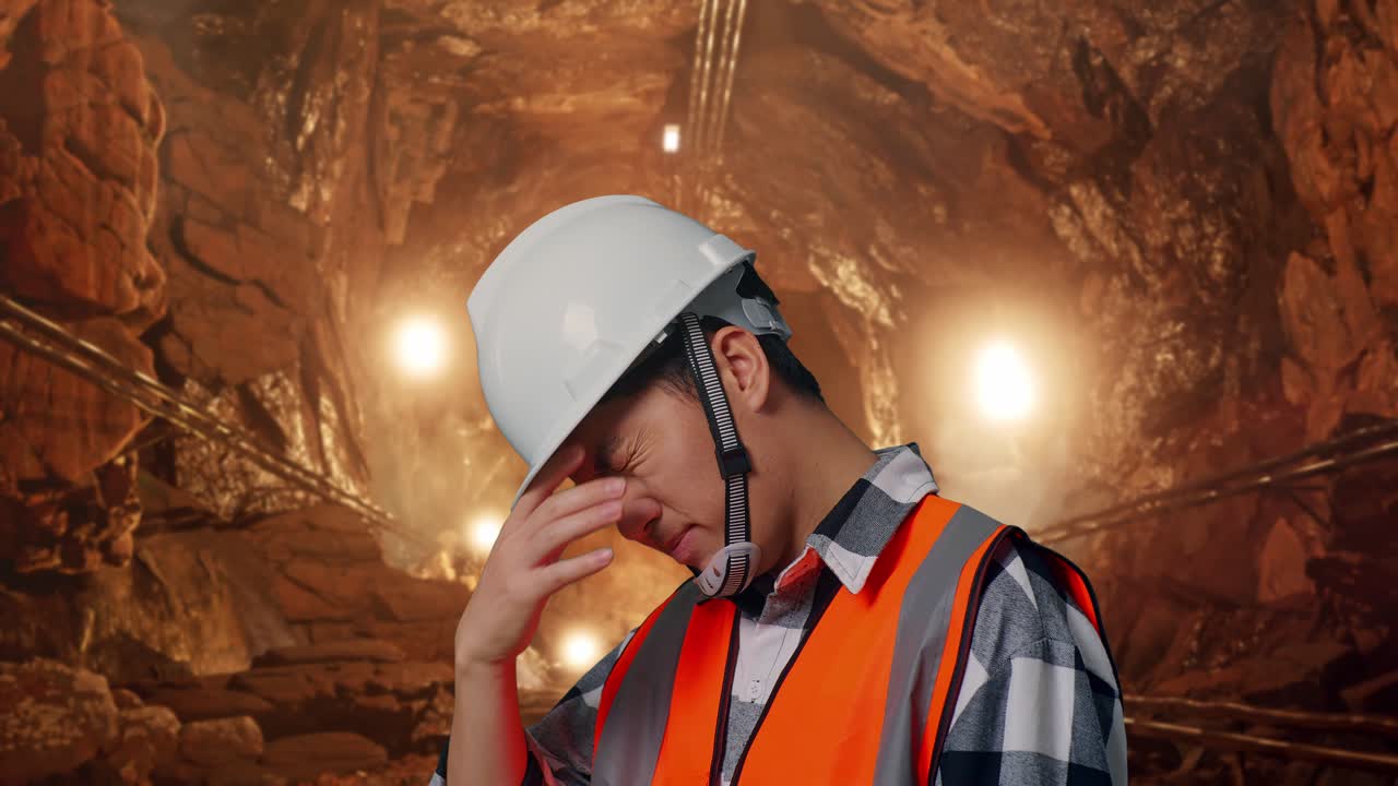 Close Up Side View Of Asian Male Engineer With Safety Helmet Having A Headache While Working In Underground Mine Tunnel