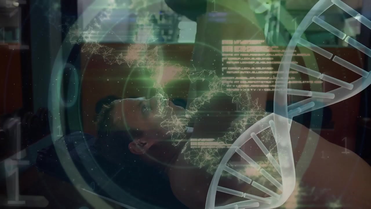 Animation of dna strand and data processing over beakers and caucasian of lorry