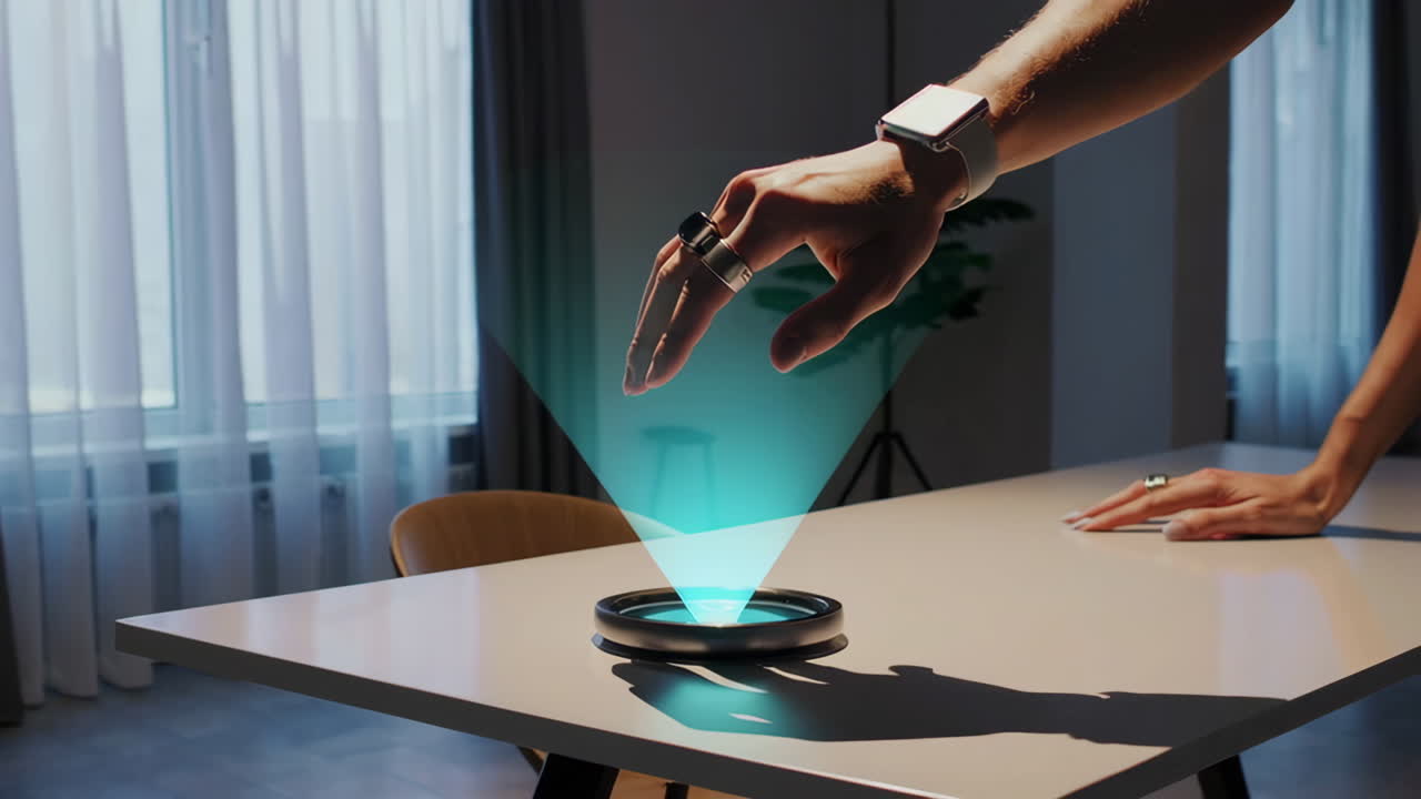 Hand interacting with a holographic projection on a table