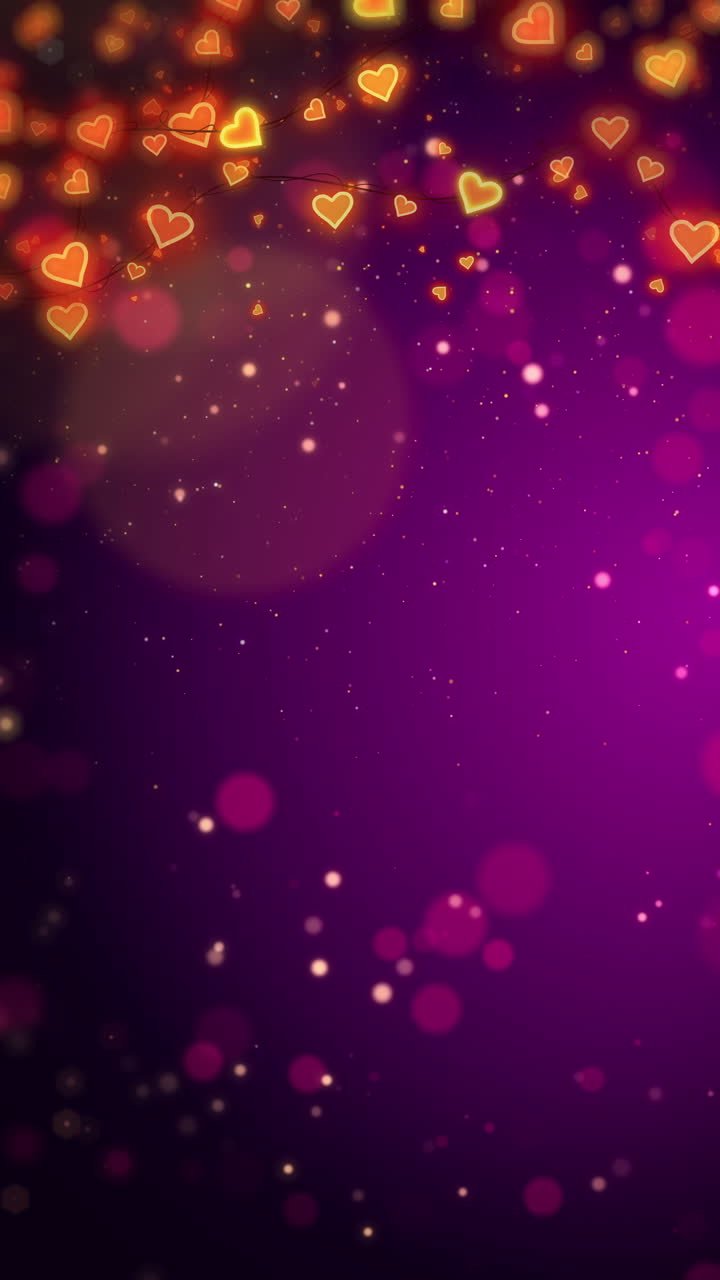 Cartoon animated purple background with glowing heart lanterns on garland. Bright romantic bokeh with small shiny particles. Looped motion graphics. Vertical video.