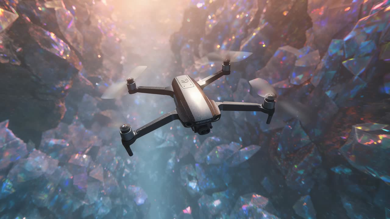 Entering quadcopter navigating crystal canyon, spinning rotors, camera gimbal, warm shafts, haze