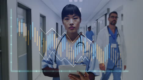 animation of digital data processing over asian female doctor