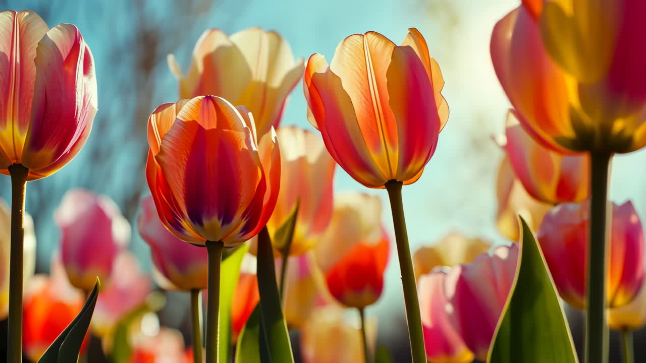 Inquadratura video dal basso di tulipani vivaci contro un cielo luminoso, con la luce del sole che filtra.