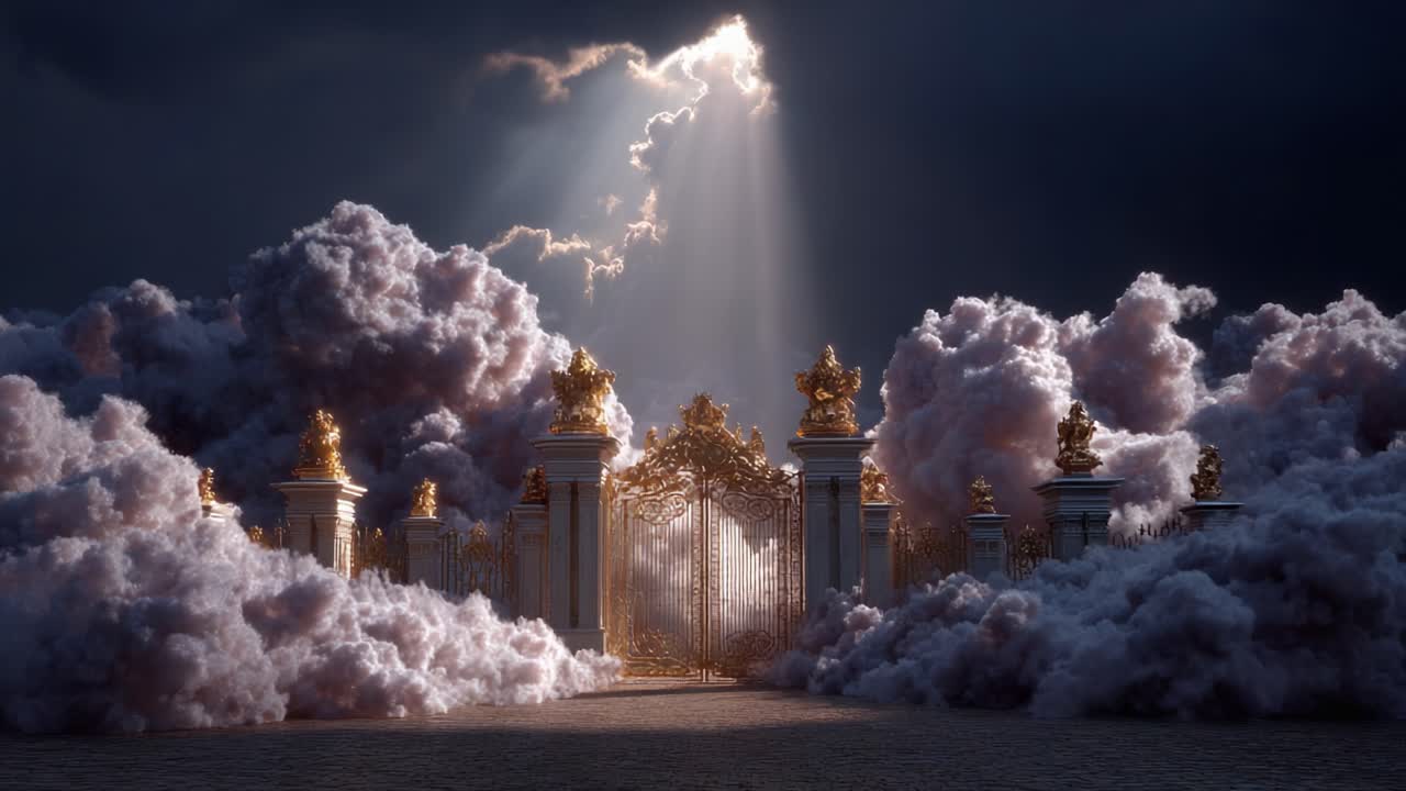 A Majestic Gate Surrounded by Ethereal Clouds and Illuminated by Divine Light, Creating a Scene of Enchantment and Mystery