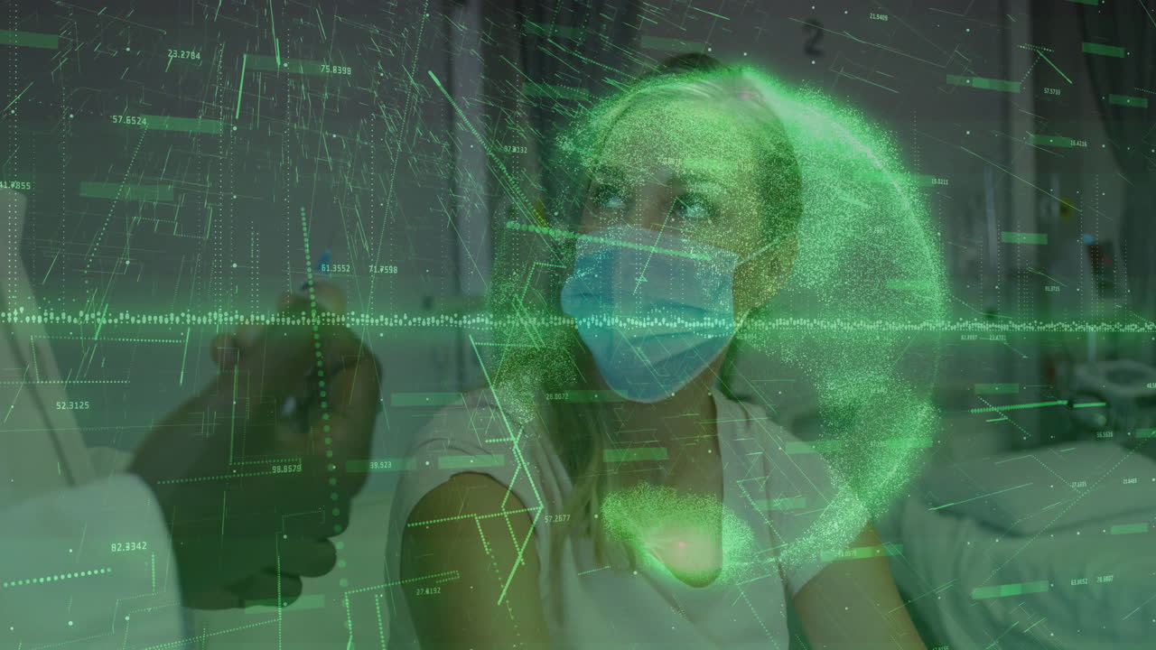 Medical data visualization animation over woman wearing mask in healthcare setting