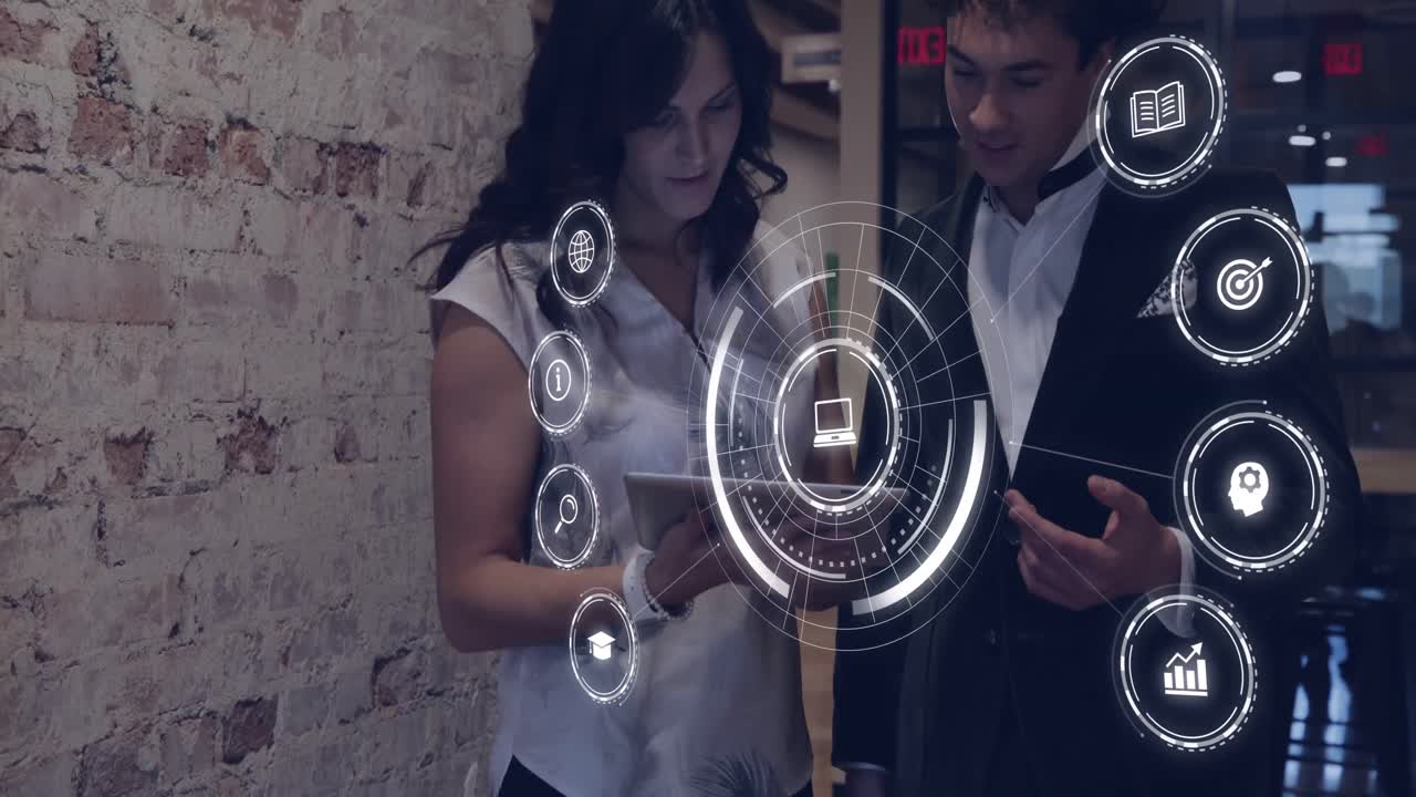 animación de conexiones con iconos sobre diversas personas de negocios en la oficina