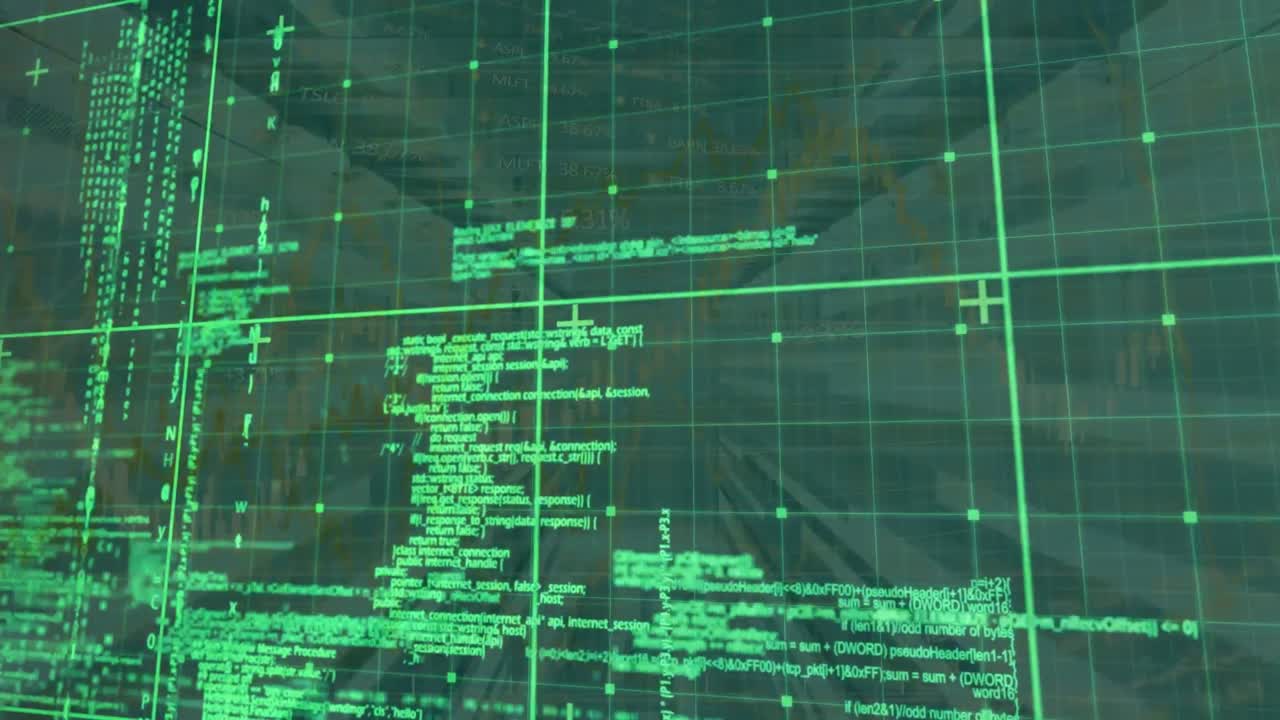 Animation of digital data processing over grid background