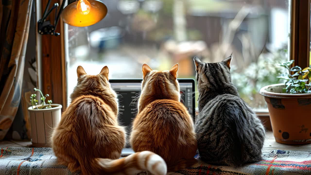 Cats enjoying the view from a window. Three cats sit together by a window, watching the world outside on a sunny day in a cozy room