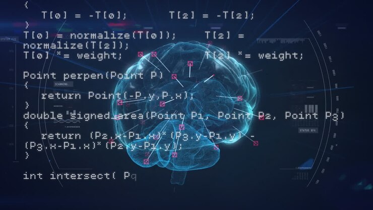 Animation of scope scanning over spinning human brain icon and data processing on blue background