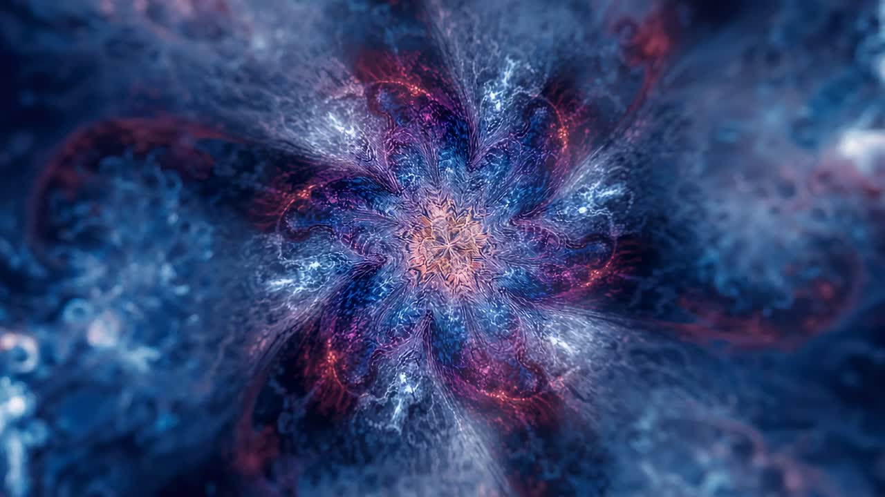 Rotating fractal mandala pulsing and zooming in deep void, revealing braided filaments