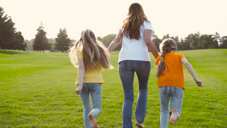 back view of mother and her two little daughters holding hands and running on green grass field in the park