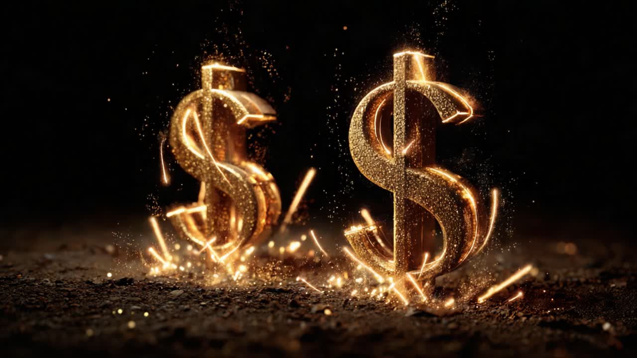 Golden dollar signs with a rough, textured surface glittering on the ground against a dark background, emitting bright sparks and glowing particles in a magical financial concept