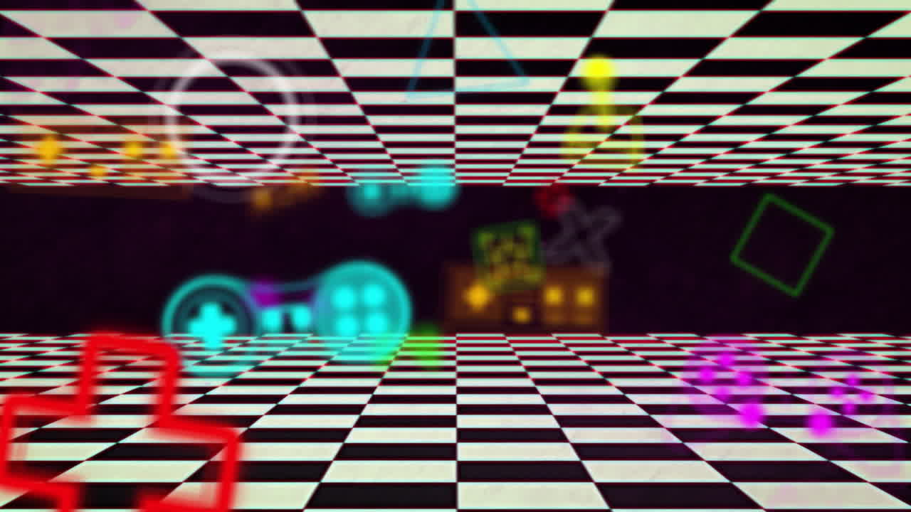 Animation of neon gaming icons over black and white shapes