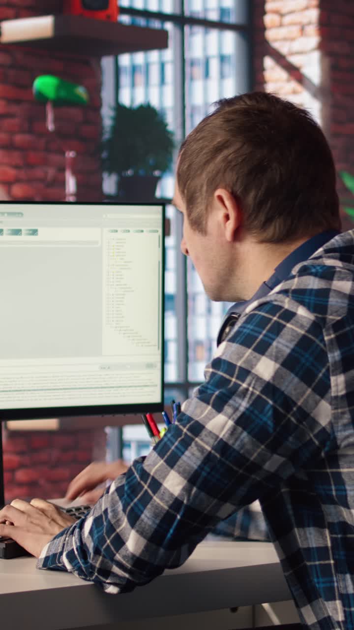 Vertical video Software engineer at PC coding, creating software using isolated screen tablet