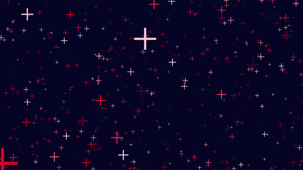 Animated abstract starfield with red and white glowing cross-shaped sparkles on a dark blue background, ideal for festive overlays, sci-fi visuals, and motion design