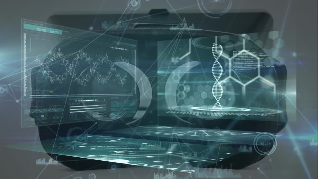 Animation of network of connections over vr headset and data processing