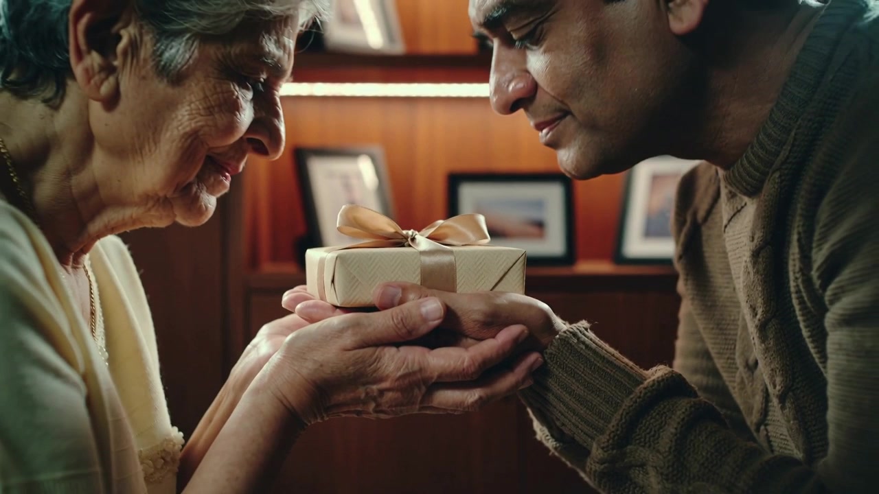 Uomo che porge un regalo, mamma che lo riceve e lo culla a casa, in maglione e cardigan, mostrando affetto