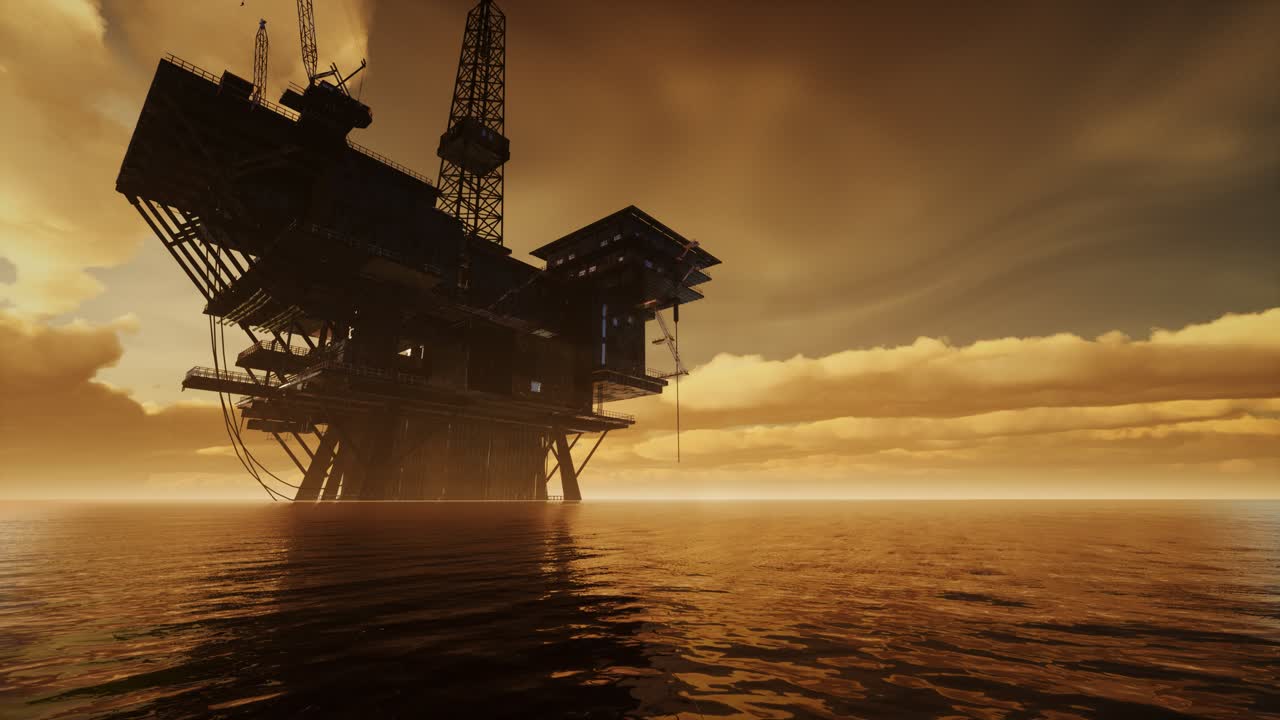 Offshore Jack Up Rig in The Middle of The Sea at Sunset Time
