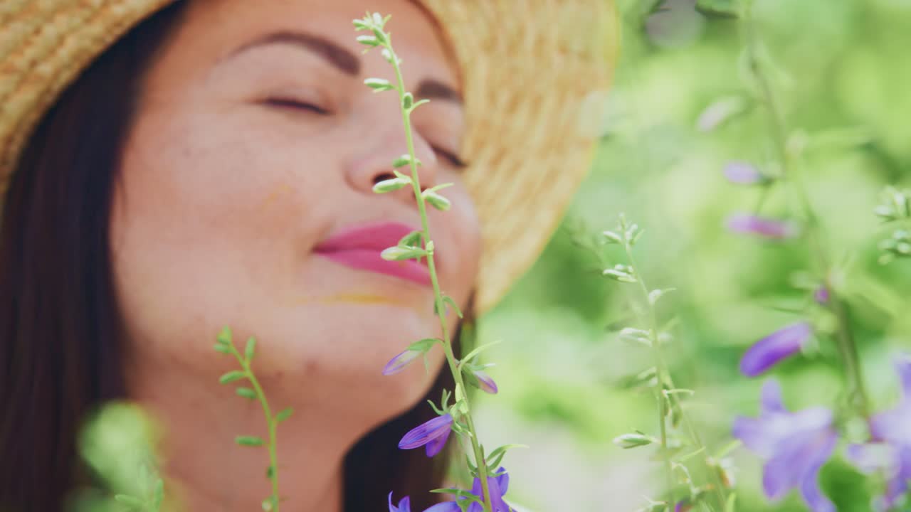 정원에서 꽃의 새를 맡는 여자