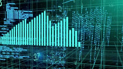 Animation-of-blue-graph-and-layers-of-blue-data-processing-over-3d-grid-on-black-background