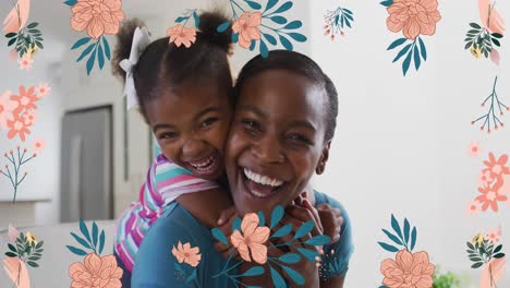 Animación-De-Flores-Rosadas-Sobre-Una-Sonriente-Hija-Y-Madre-Afroamericana-A-Cuestas