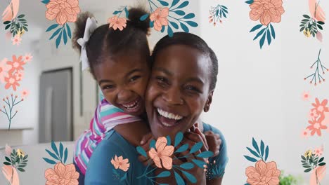 animación de flores rosadas sobre sonriente hija afroamericana y madre a hombros