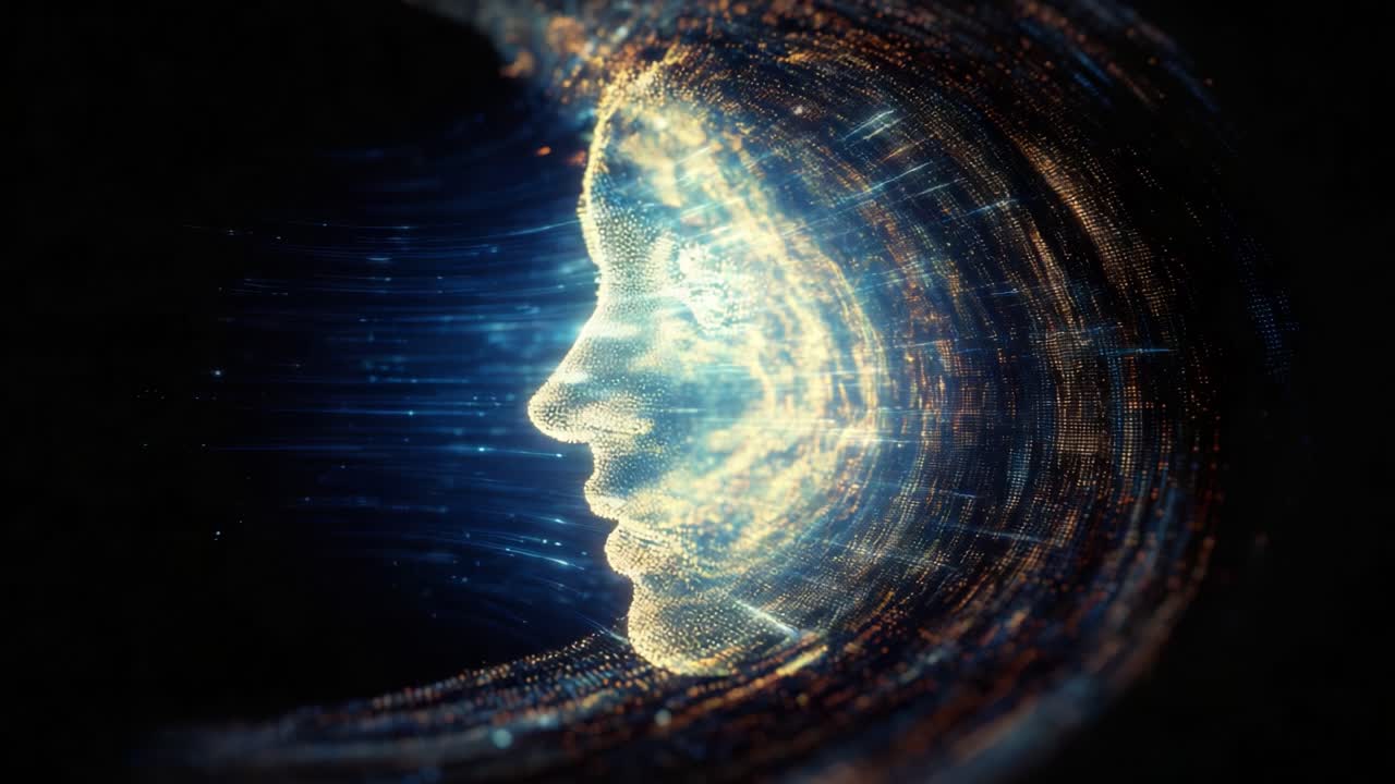 Una rappresentazione eterea di un volto umano, realizzato con flussi di punti dati luminosi a cascata, che simboleggia la fusione tra tecnologia e coscienza umana in un'opera d'arte digitale visivamente straordinaria