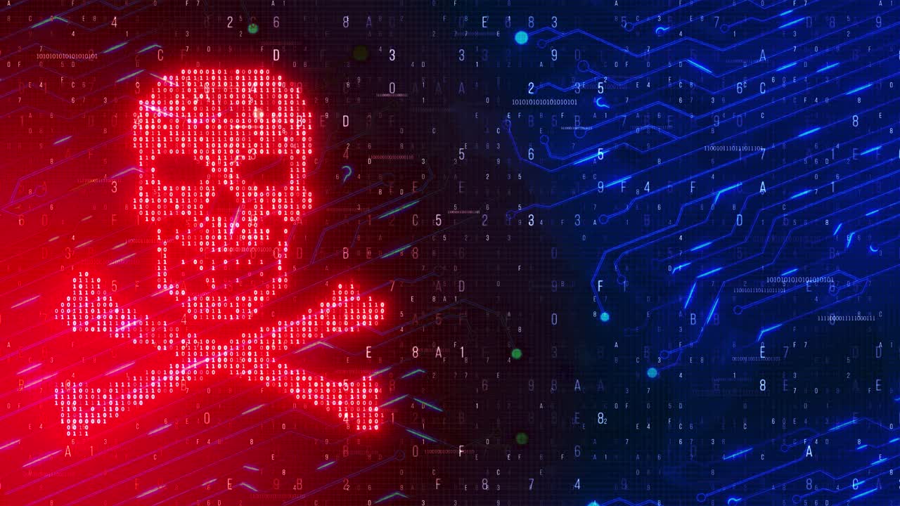 Digital virus skull and crossbones on binary code data theft digital background hacked online data