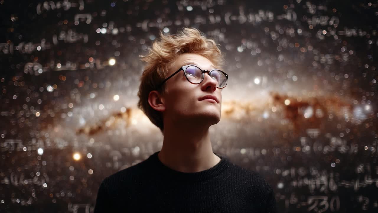 A Young Man Contemplating the Mysteries of the Universe Surrounded by Mathematical Formulas and Cosmic Background