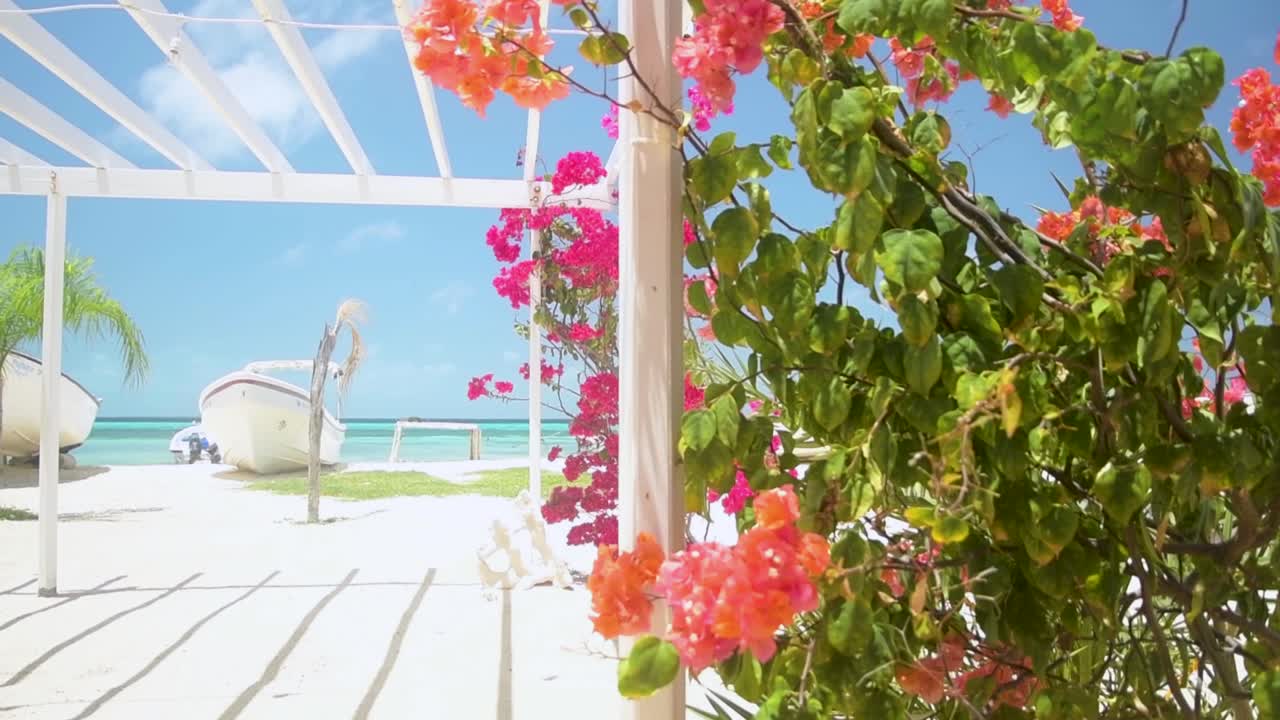 Beach scene includes white sand, clear blue water, a white gazebo or pergola, and several boats beached on the tropical shore