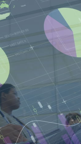 animation of statistic processing over business people at conference