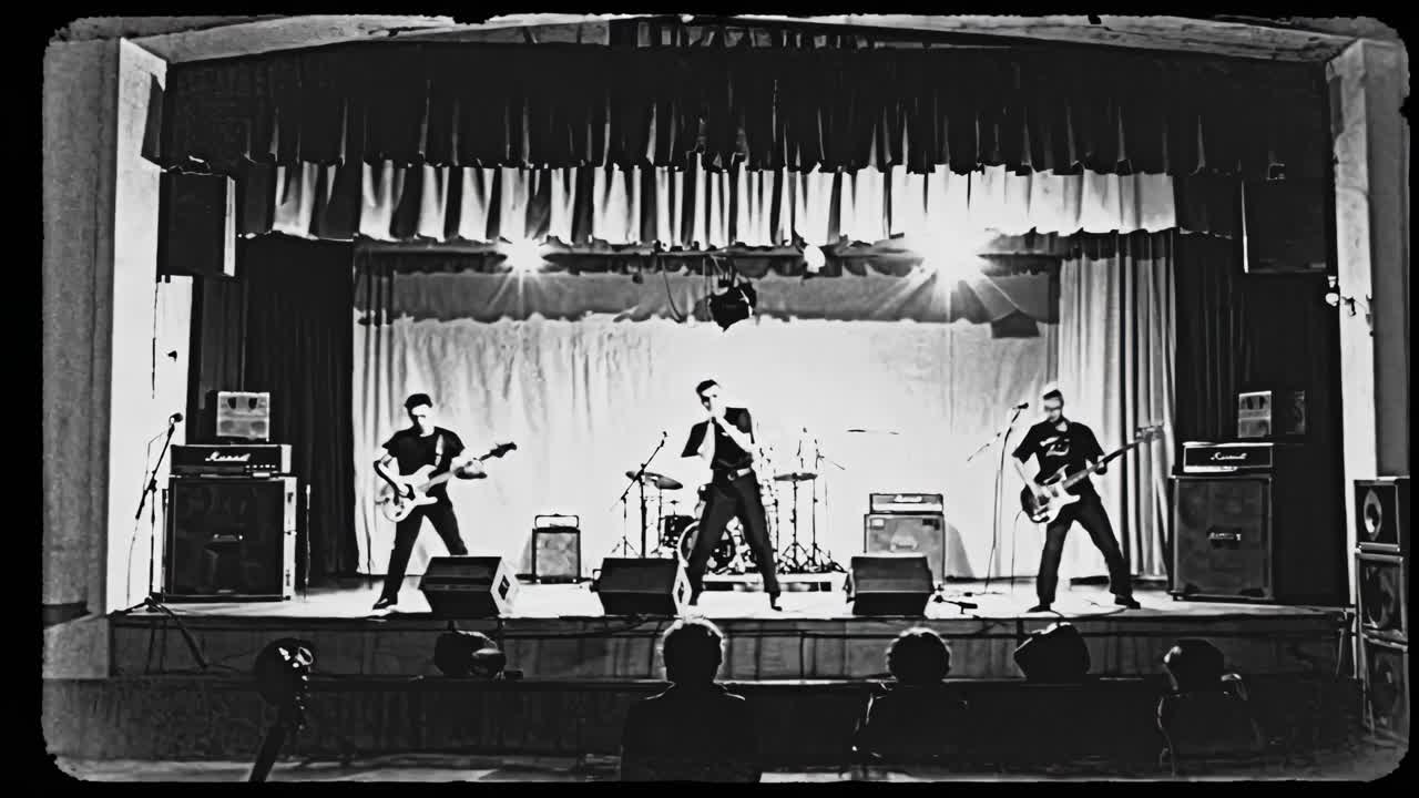 Black and white video still of a rock band performing on stage, captured from a low-angle