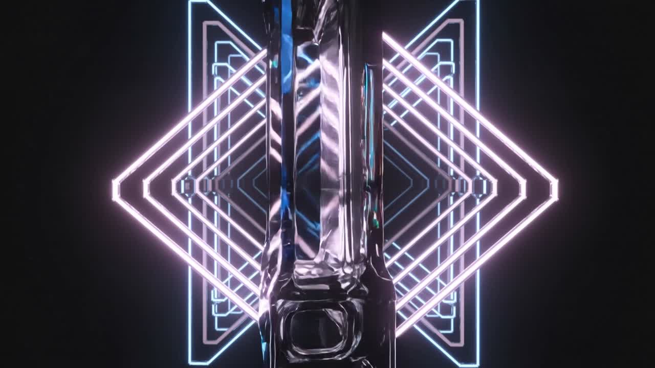 Un alto blocco di vetro che entra dall'alto e ruota verso il basso su un palco di studio buio, rifrangendo diamanti al neon.