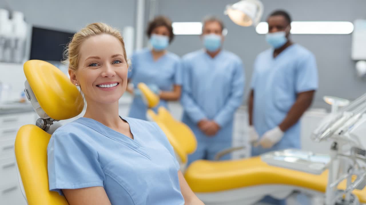 Lächelnder Zahnpatient in moderner Klinik, umgeben von einem professionellen Team in OP-Kleidung, bereit zur Behandlung – eine vertrauensvolle und einladende Atmosphäre für die Versorgung.