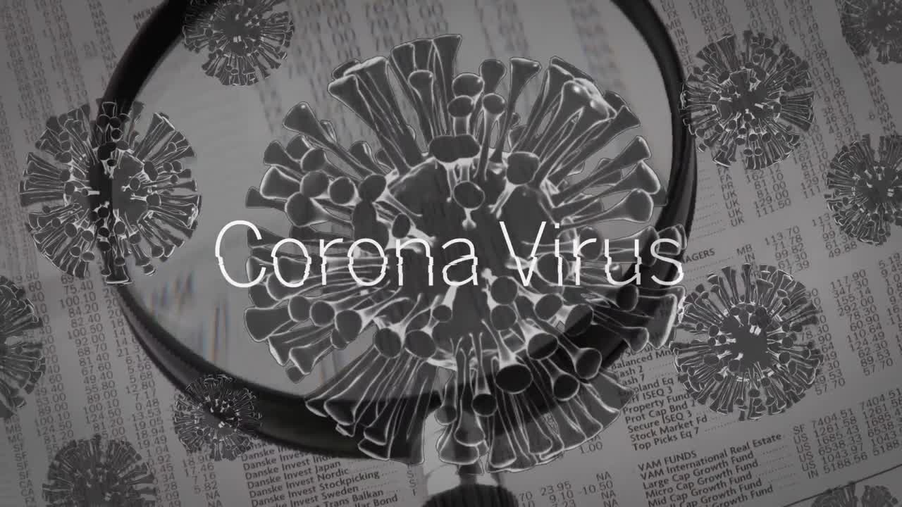 animación de la palabra coronavirus y la propagación de células con informes de gastos en el fondo
