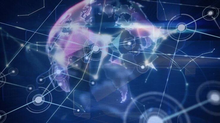 Animation of network of connections over blue background with globe