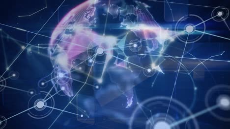 animation of network of connections over blue background with globe