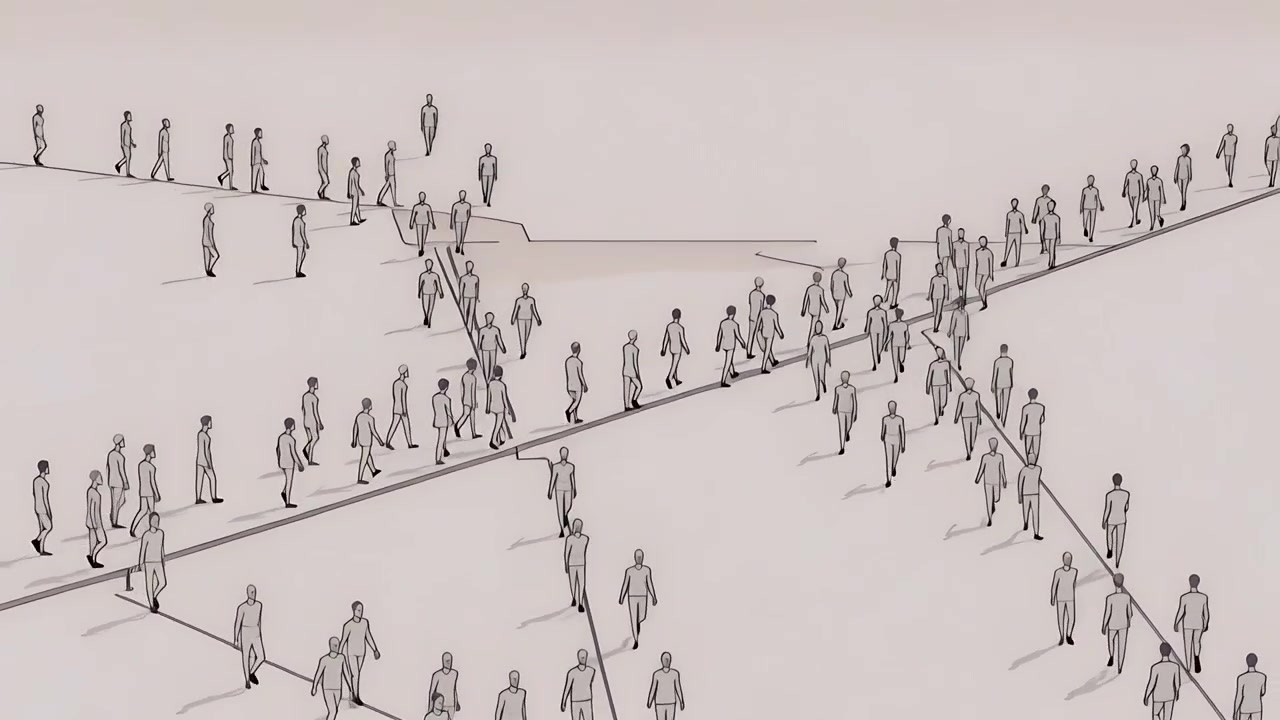 Figure stilizzate che camminano, reagendo a camminatori in arrivo ai bordi, attraversando percorsi diagonali su un piano pallido.