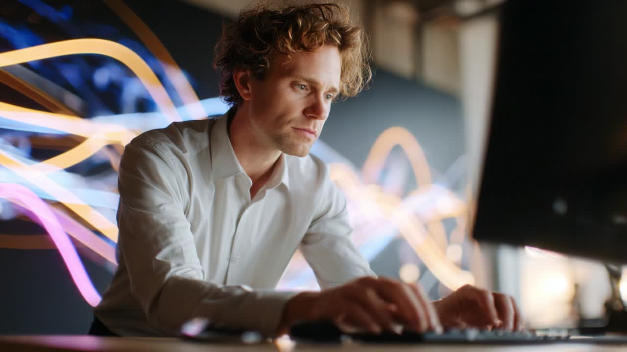 Focused Professional Working Intently at a Computer, Surrounded by Dynamic Visuals Representing Technology and Creativity, Capturing the Essence of Innovation and Digital Engagement in a Modern Workspace Environment