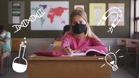 animación de elementos escolares iconos que se mueven sobre los escolares que llevan máscaras faciales