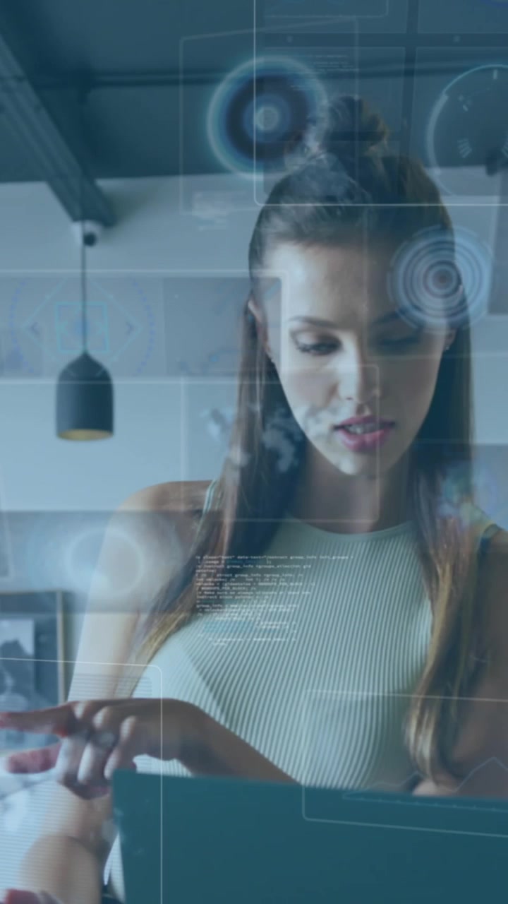 Animation of data processing over diverse business people in office