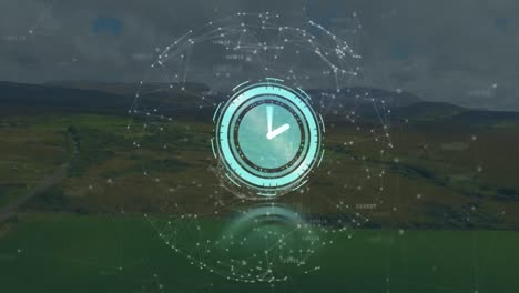 animación de reloj móvil y red de conexiones sobre el paisaje