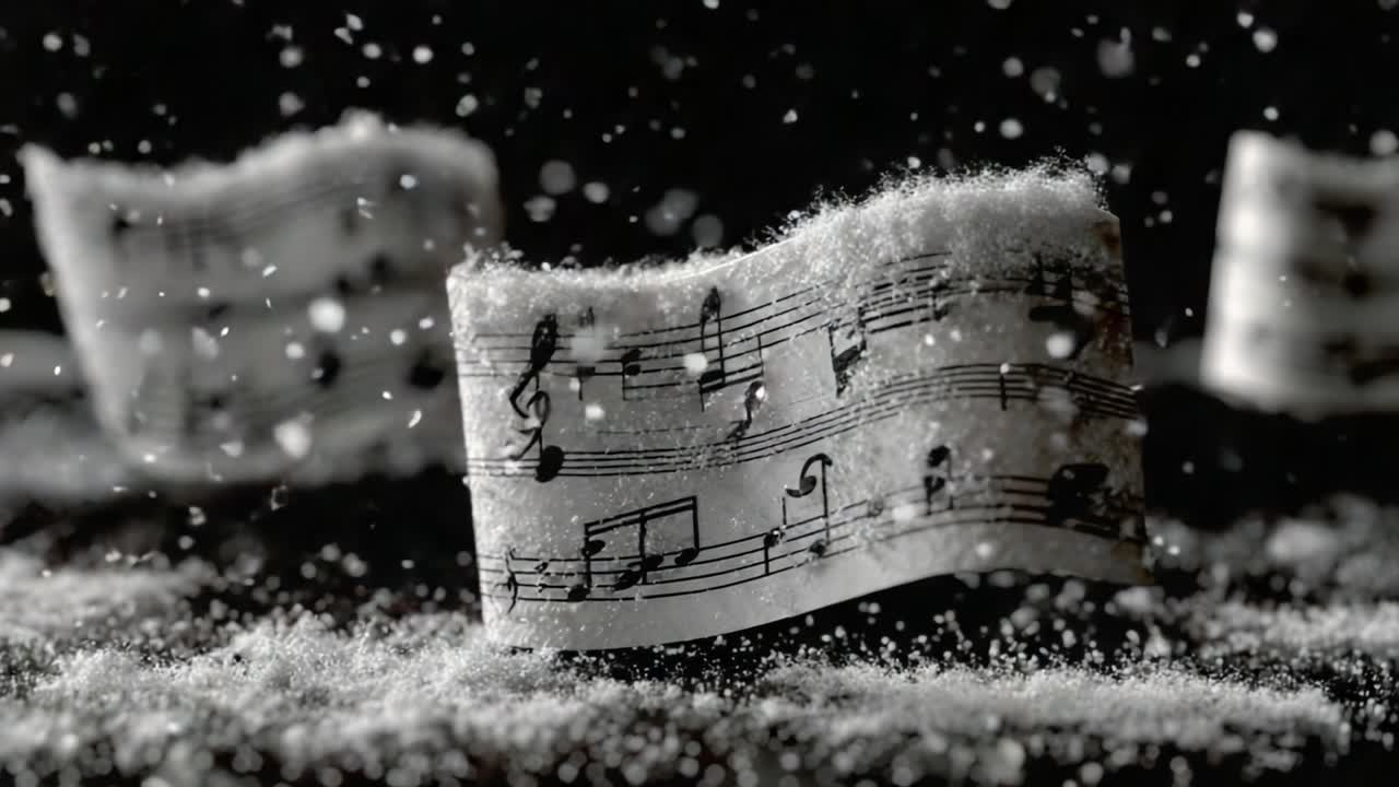 Enchanting Melodies in Motion: A Captivating Display of Sheet Music Dancing Amidst a Winter Wonderland of Snowflakes and Frost